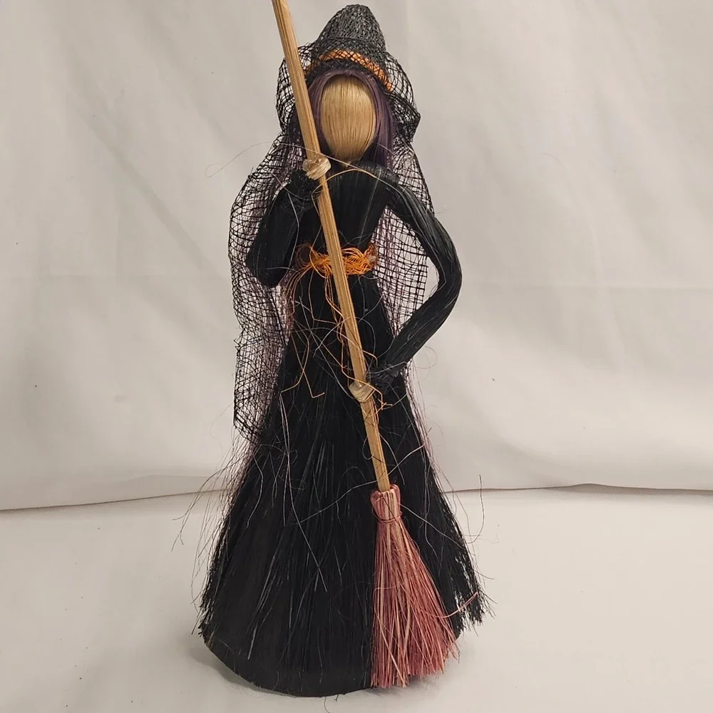 Witch Doll Halloween Folk Art Decor with Broom Kitchen Witch Handmade